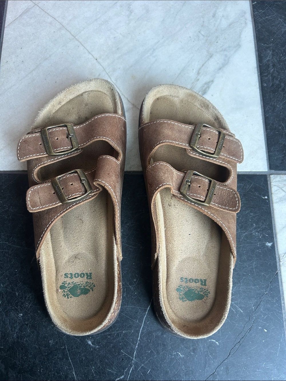 Roots Women Brown Double-Buckle Suede Slide Sandals